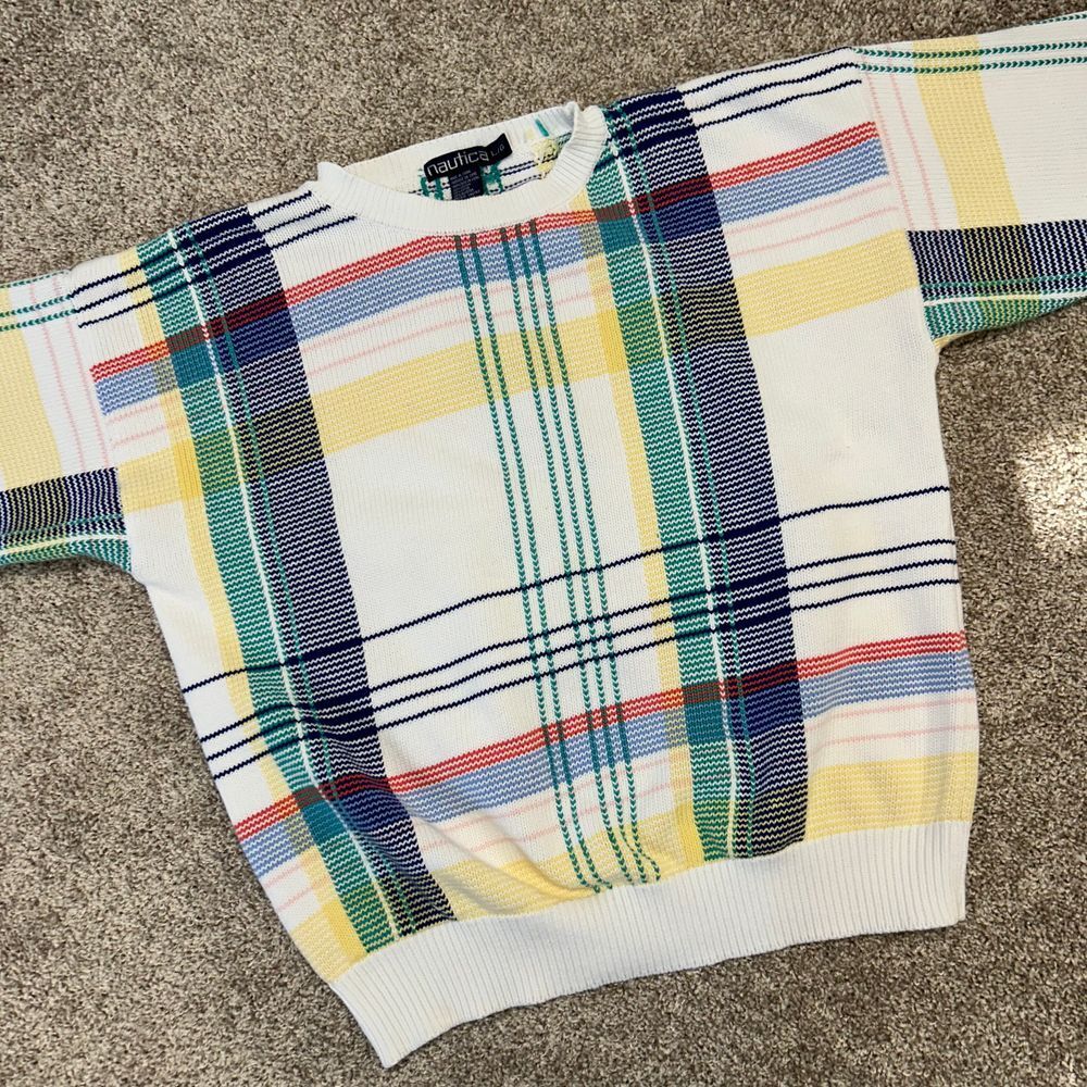 Vintage Nautica Plaid Crewneck Sweater Men Size Large Cotton 90s‎ Preppy